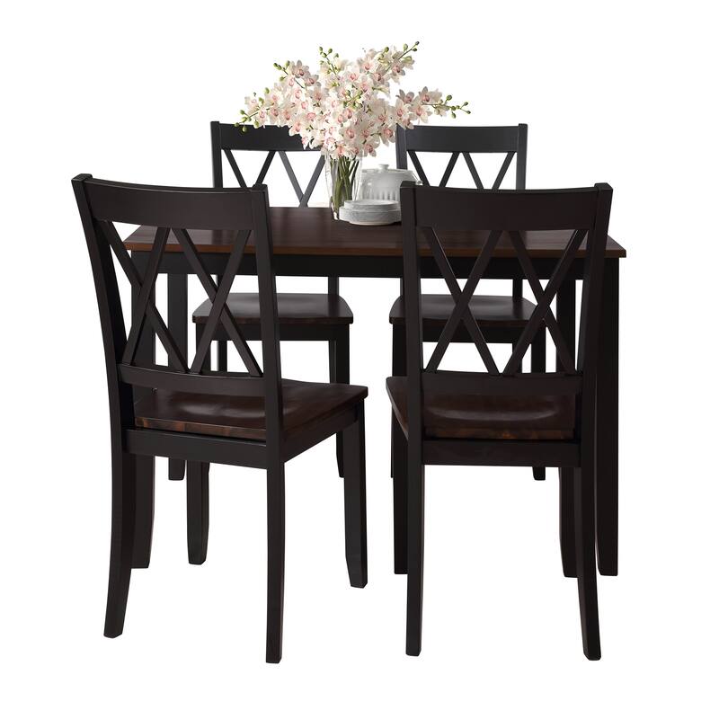 Roomfitters 5-Piece Dining Table Set, Rectangular Wood Kitchen Table and 4 X-back Chairs, Transitional Style