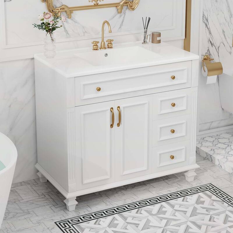 Freestanding Vanity Set with Flip-Out Drawer,3 Drawers,2 Soft-Close Doors - White
