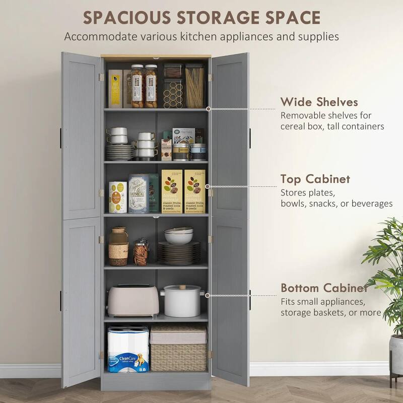Freestanding Kitchen Pantry, 4-Door, Adjustable Shelves and Doors