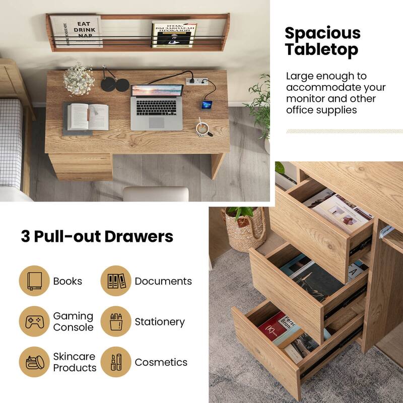 Costway Computer Desk with Power Outlet Keyboard Tray & 3 Large