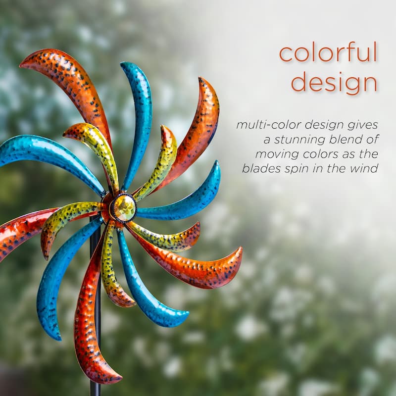Alpine Corporation 63" Tall Outdoor Curved Blade Windmill Stake Kinetic Spinner, Multicolor