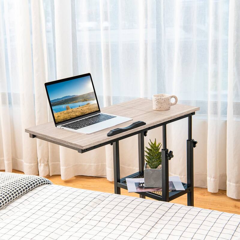 Height Adjustable C-Shaped End Table with Lockable Wheels and Tiltable Table Top - 31.5" x 16" x 25"-37.5"
