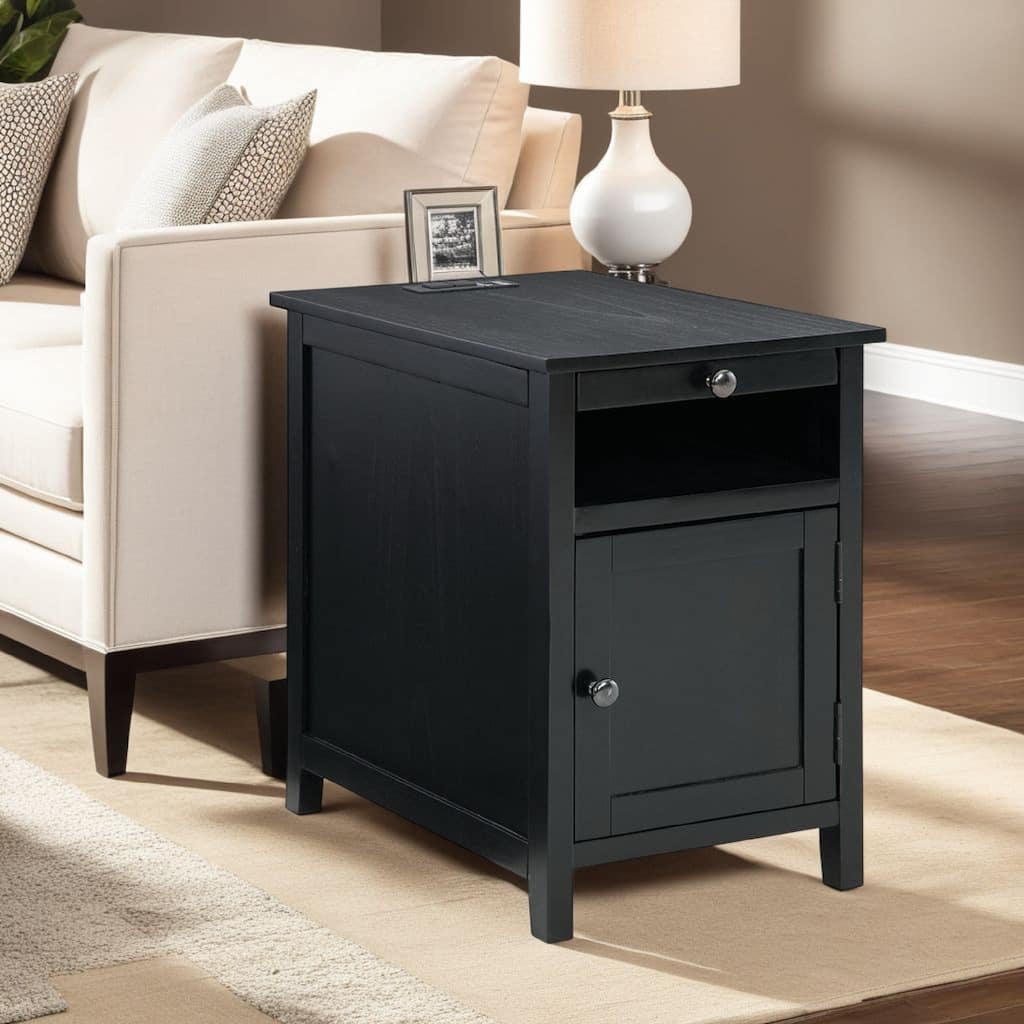 Gena Side End Table, Shelf and Pull Out Tray, Black Solid Wood 24 Inch