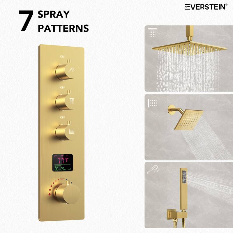 Digital Thermostatic Shower System Faucet Set 12" and 6" Temperature-Sensitive LED Rain Shower Head with Handheld Spray
