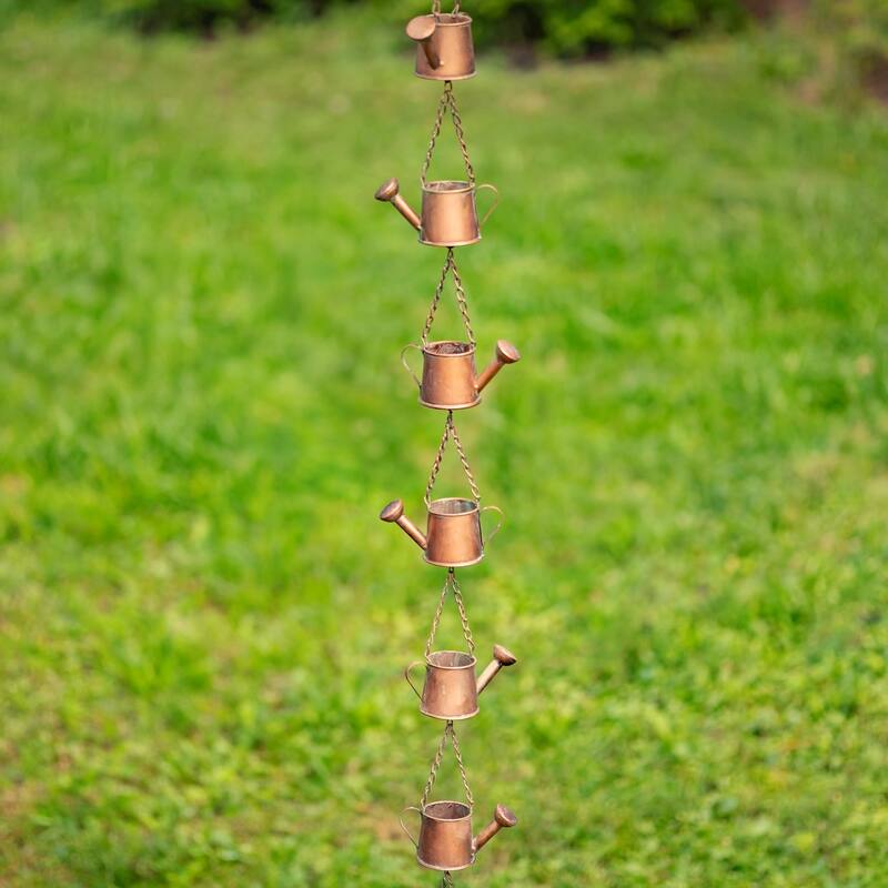 74" Long Iron Rain Chain with Watering Cans - Copper - Medium - Iron