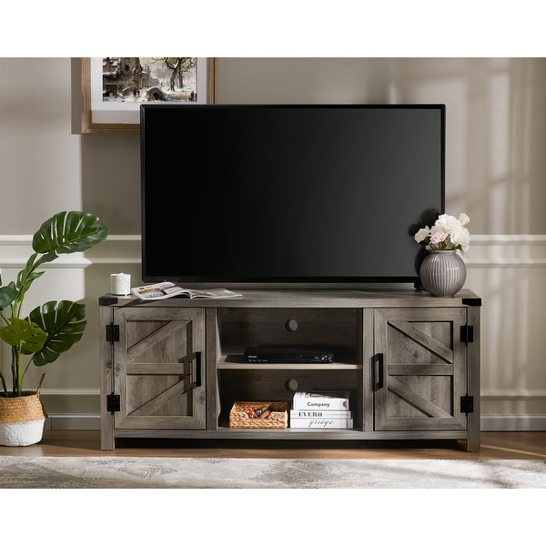 Farmhouse Barndoor TV Stand Entertainment Center for TVs up to 70 inch - 59". Opens flyout.