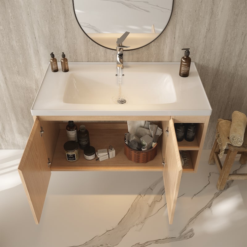 Modern 35.8" Wall-Mounted Single Bathroom Vanity with Ceramic Top - L 35.7'xW 18.9'
