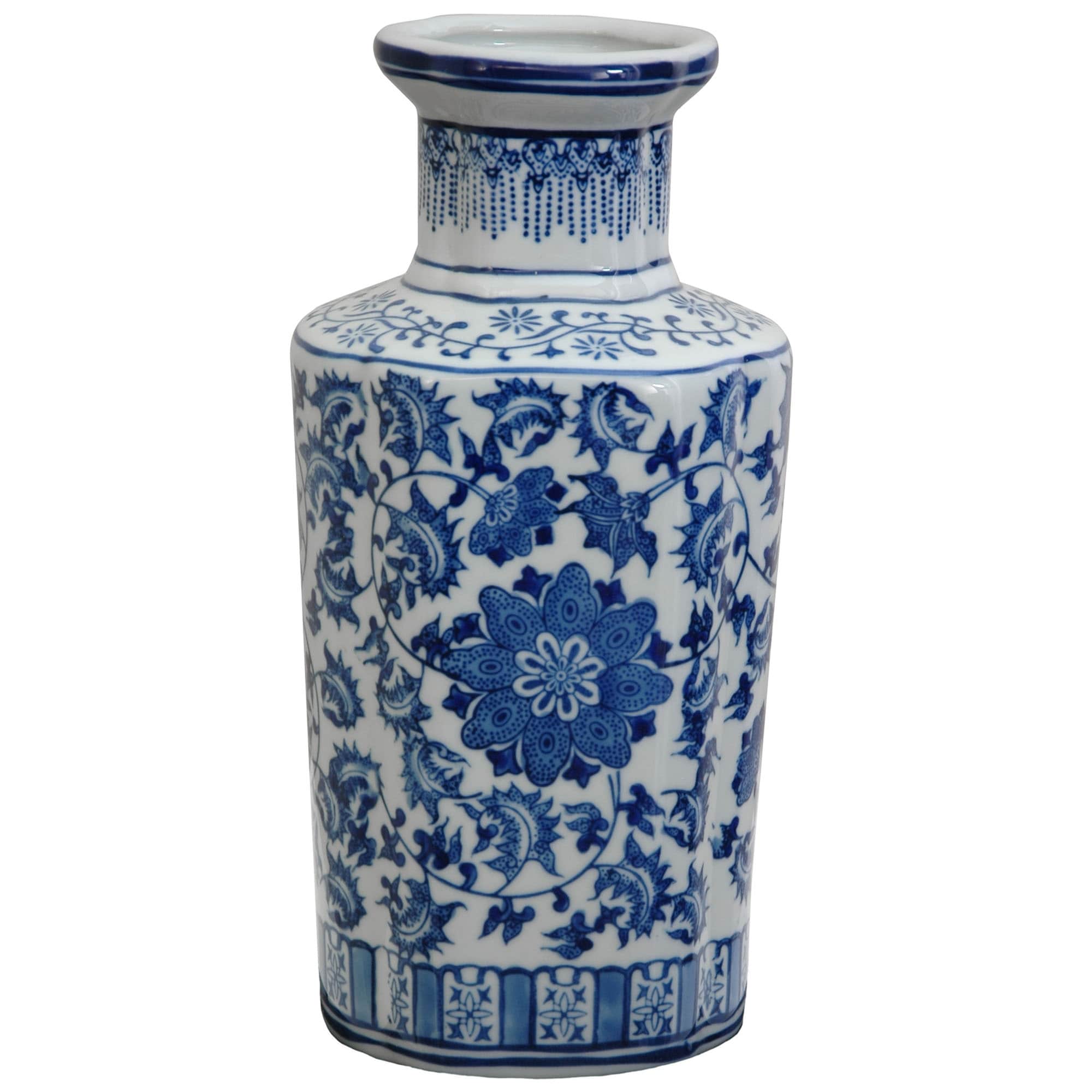 Red Lantern 12" Floral Blue & White Porcelain Vase