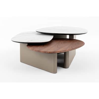 Cid Rob Coffee Table, Walnut Brown Wood, Gray Ceramic, 63 Inch