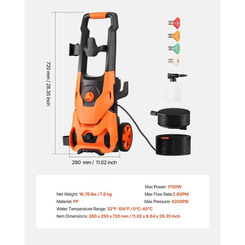 Electric Pressure Washer Max 4200 PSI 2.8 GPM with Nozzles & Foam Cannon - 11.02" x 9.84" x 28.35"