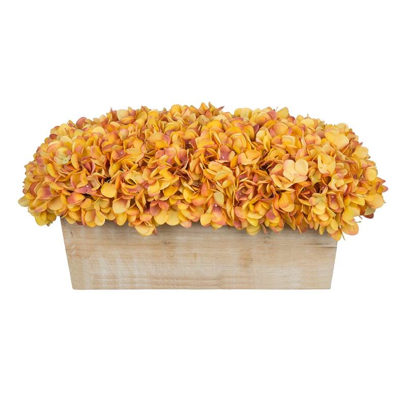 Faux Hydrangeas in White Wood Washed Ledge Planter - Gold