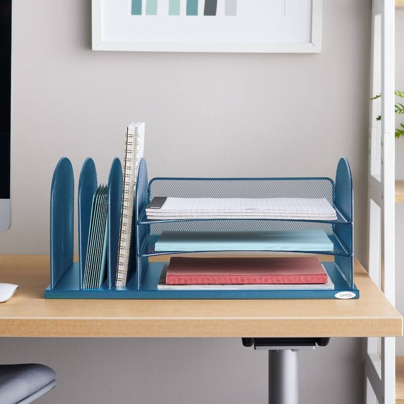 Safco Onyx 3 Horizontal/3 Upright Sections Wire Mesh Desktop Organizer - Blue