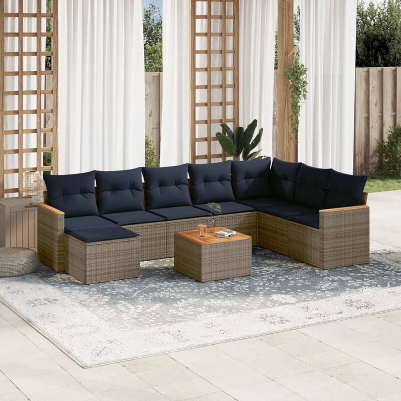 vidaXL Patio Sofa Set with Cushions Outdoor Conversation Furniture Poly Rattan - 24.4x 24.4x 27.2 - Grey-With table
