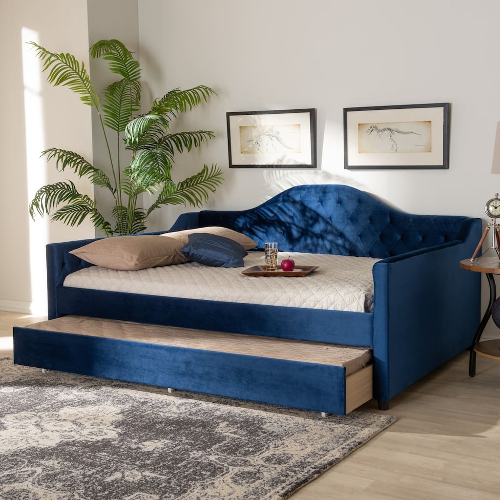 Queen Size Daybed with Trundle - Navy Blue Velvet Upholstered Modern Daybed
