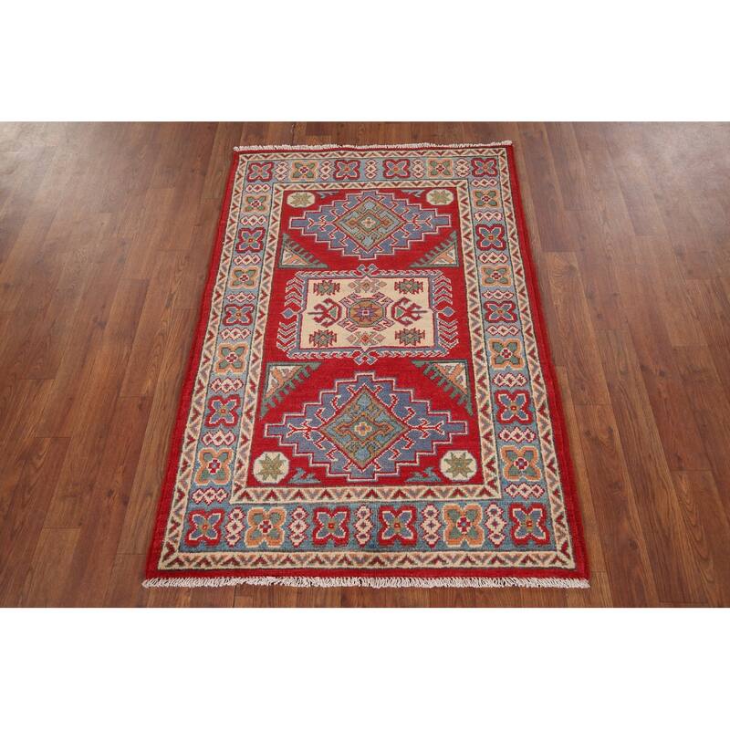 Geometric Red Kazak Accent Rug Handmade Red Wool Carpet - 2'9" x 4'1"