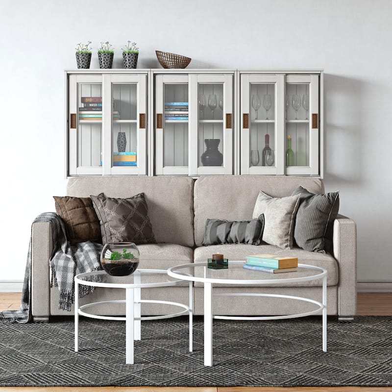 Set of 2 Round Nesting Coffee Tables with Clear Glass Top and Steel Base Modern Living Room Accent - 36"L x 36"W x 18"H