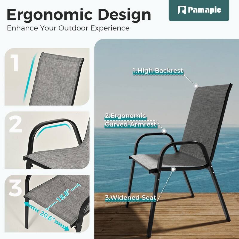 6-Person Patio Dining Set, Textilene Stackable Chairs and Rectangular Table with Umbrella Hole