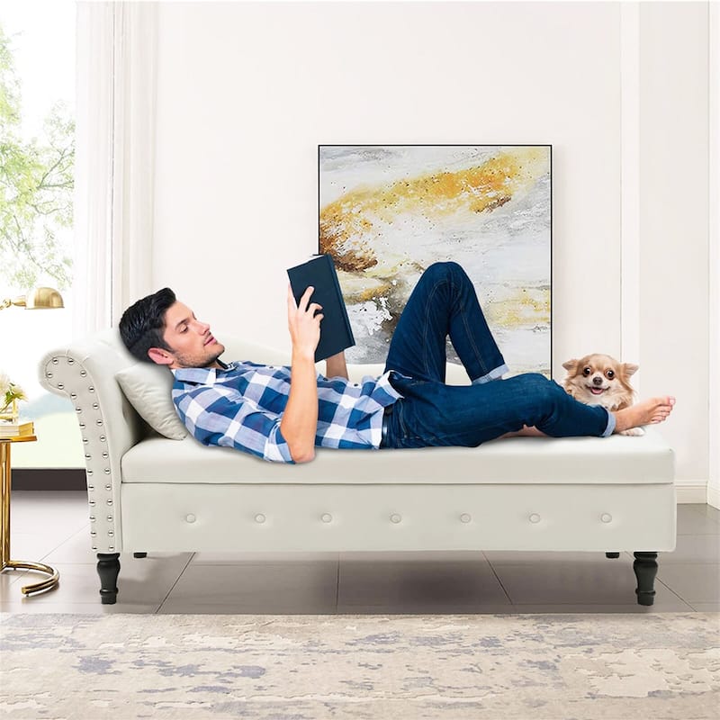 60"W Velvet Tufted Chaise Lounge, Storage Chaise Sofa, Solid Wood Leg - 25"D x 60"W x 27"H - Beige