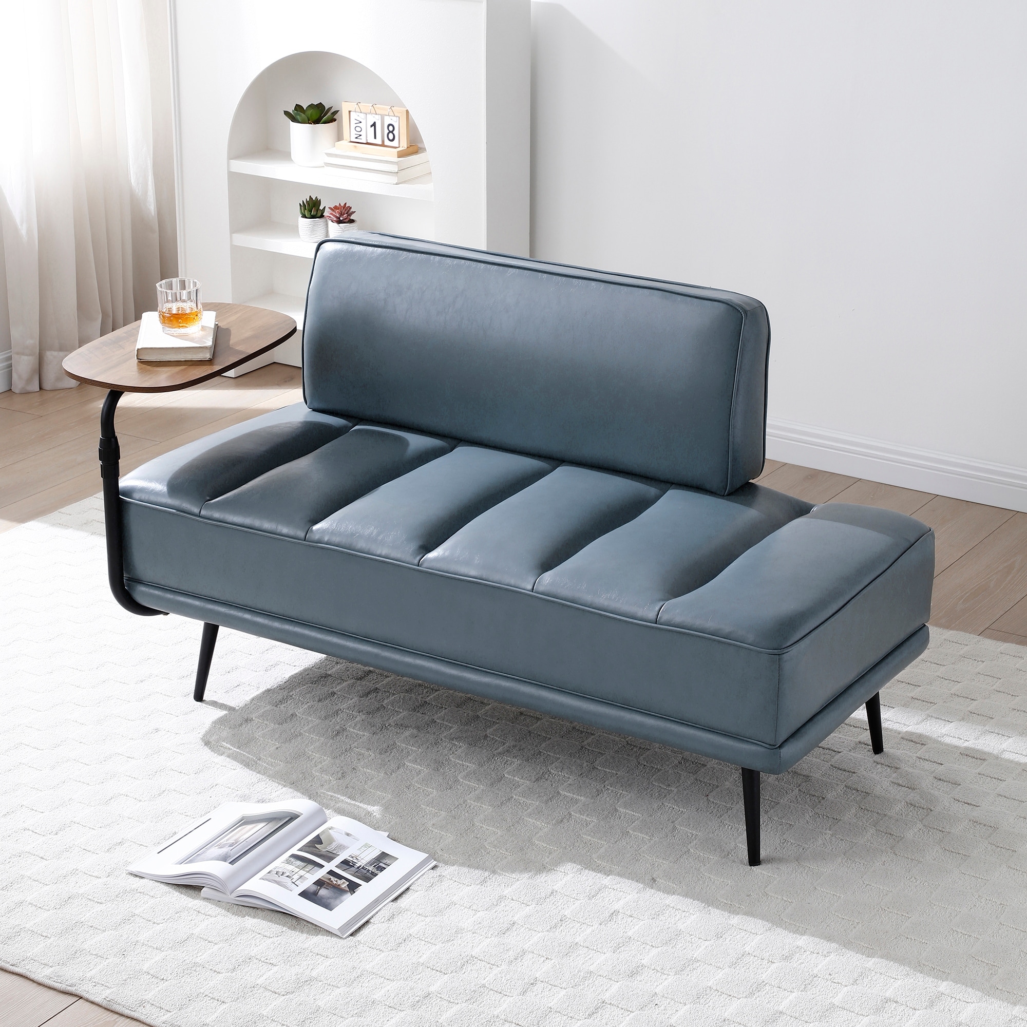 55" Inch Width Modern End of Bed Bench, Faux Leather Upholstered With side table, 360-degree Swivel tray couch