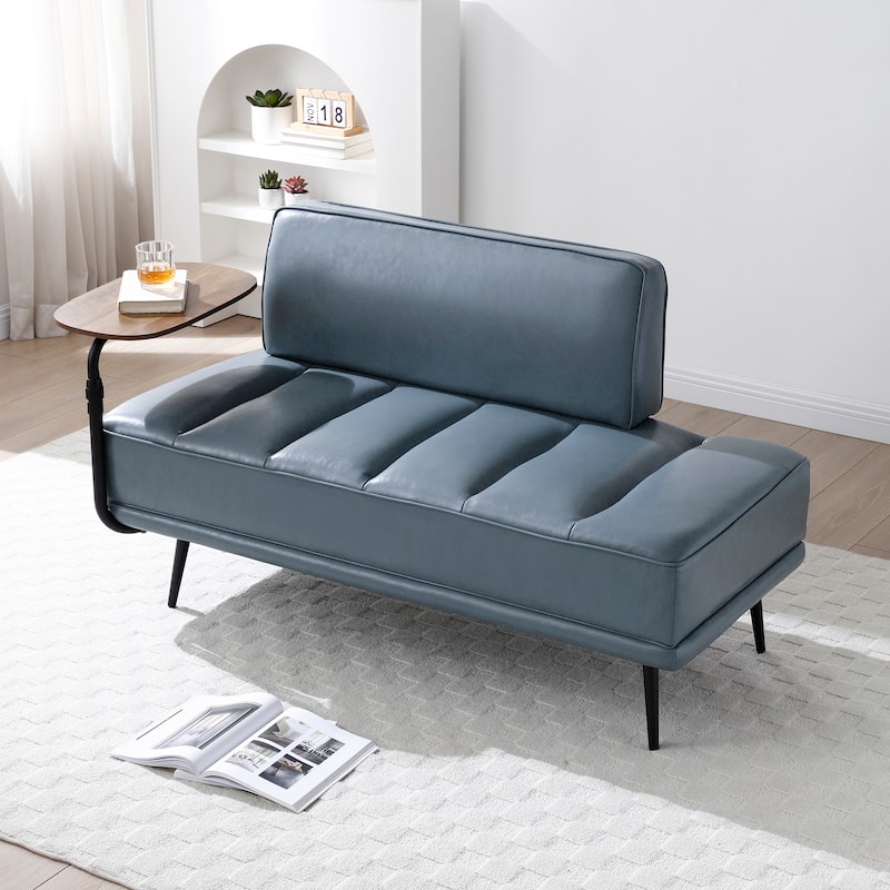 55 Inch Wide PU Sofa Bench with 360-degree Swivel Side Table and Metal Legs
