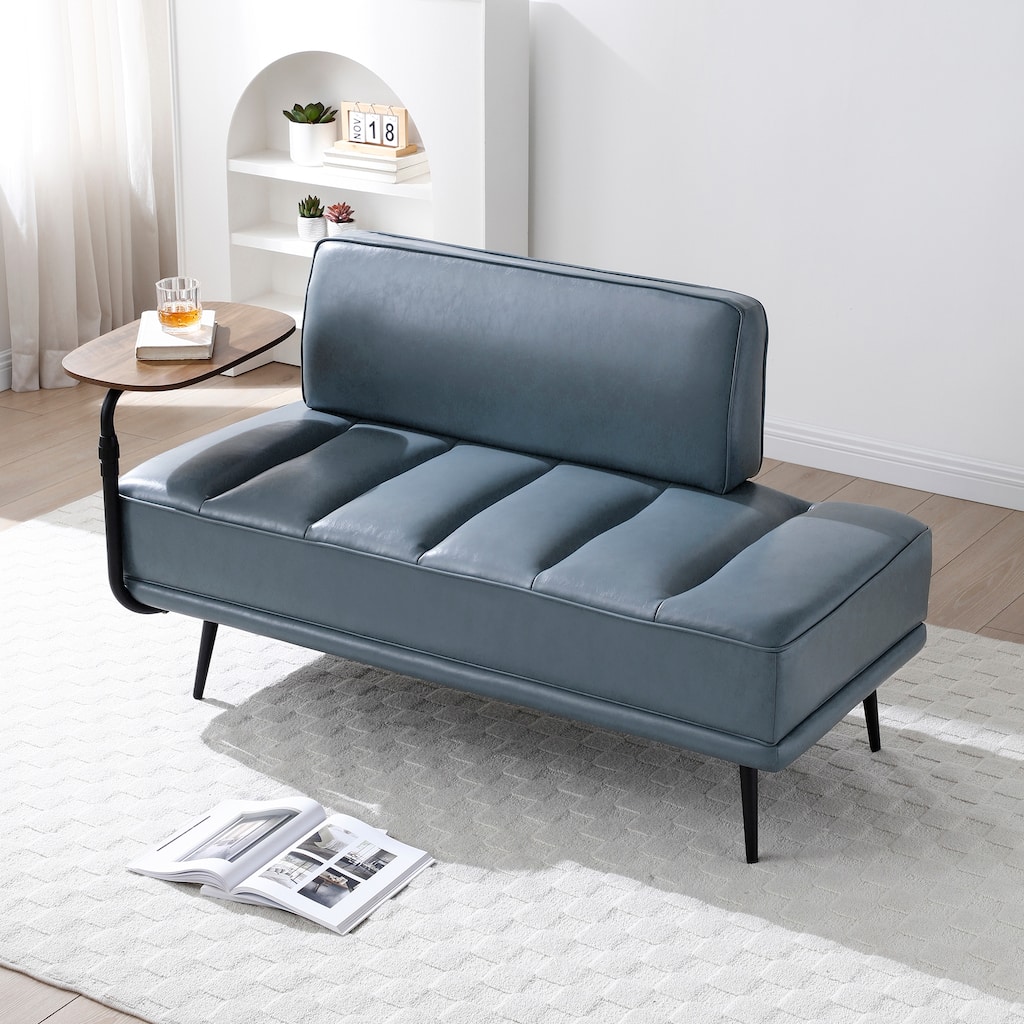 56.3"Width End of Bed Bench,Faux Leather Upholstered With side table,360-degree Swivel tray couch,Entryway Ottoman,Metal Legs