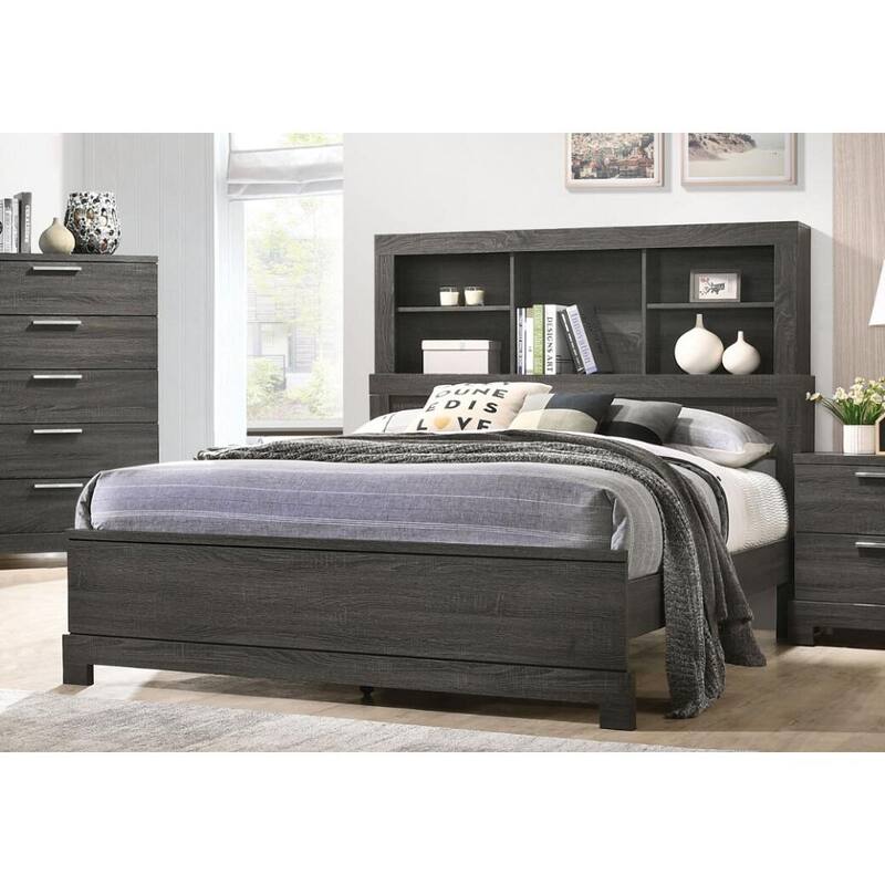 Gray Oak Wood Queen Bed with Bookcase Headboard Storage Transitional