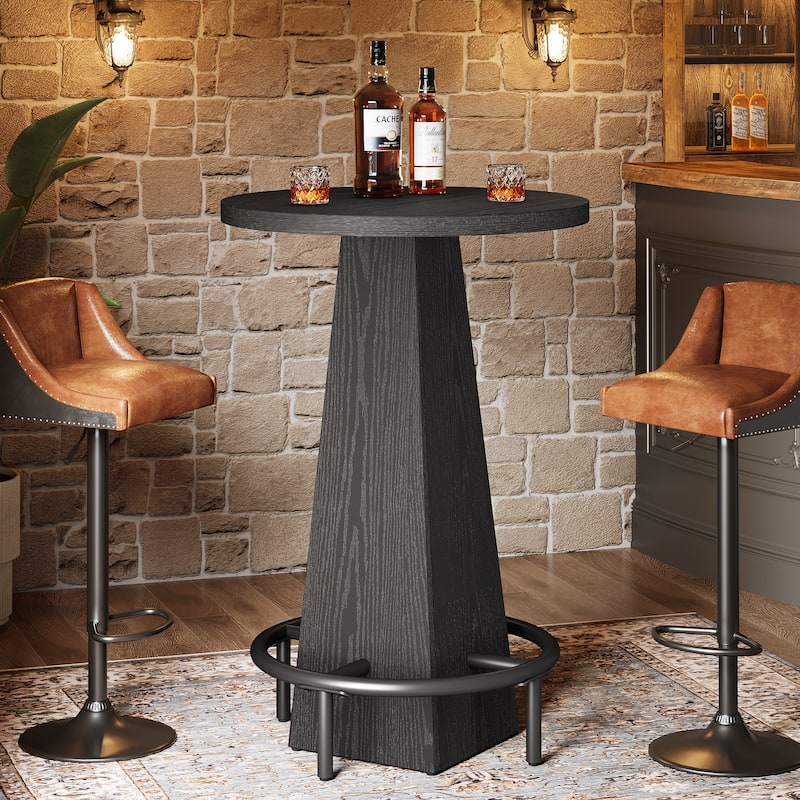 Home Bar Unit, High Round Bar Table with Footrest for Pub, Dining Room, Kitchen - 23.62" L x 23.62" W x 37.4" H - Black