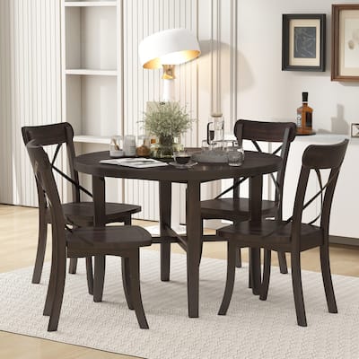 5-piece Dining Table Set with Retro Simple Round Table & 4 Chairs and X-shaped Backrest for Kitchen and Dining Room