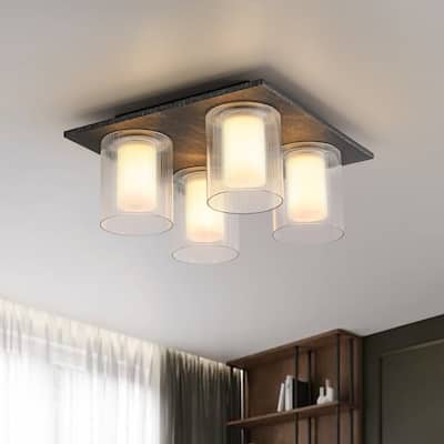 Minimalist 4-Light Dual-layered glass Square Dimmable LED Flush Mount - 13.8in