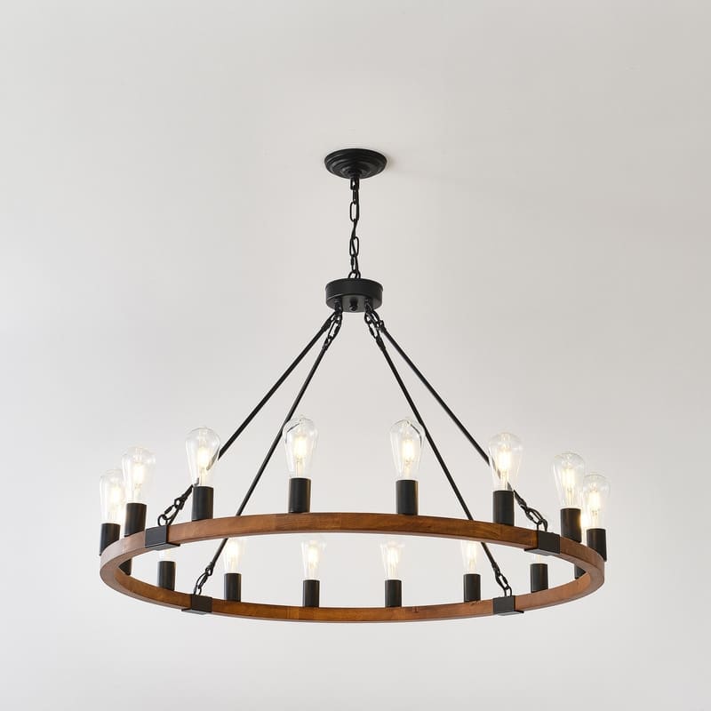 Farmhouse Wagon Wheel Chandelier - Rustic Wood & Metal Adjustable Pendant Light for Dining Rooms, Kitchens & Entryways