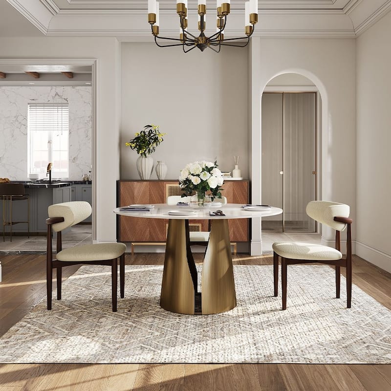 Modern Round White Dining Table，Sintered Stone Tabletop, Solid Black Carbon Steel Base