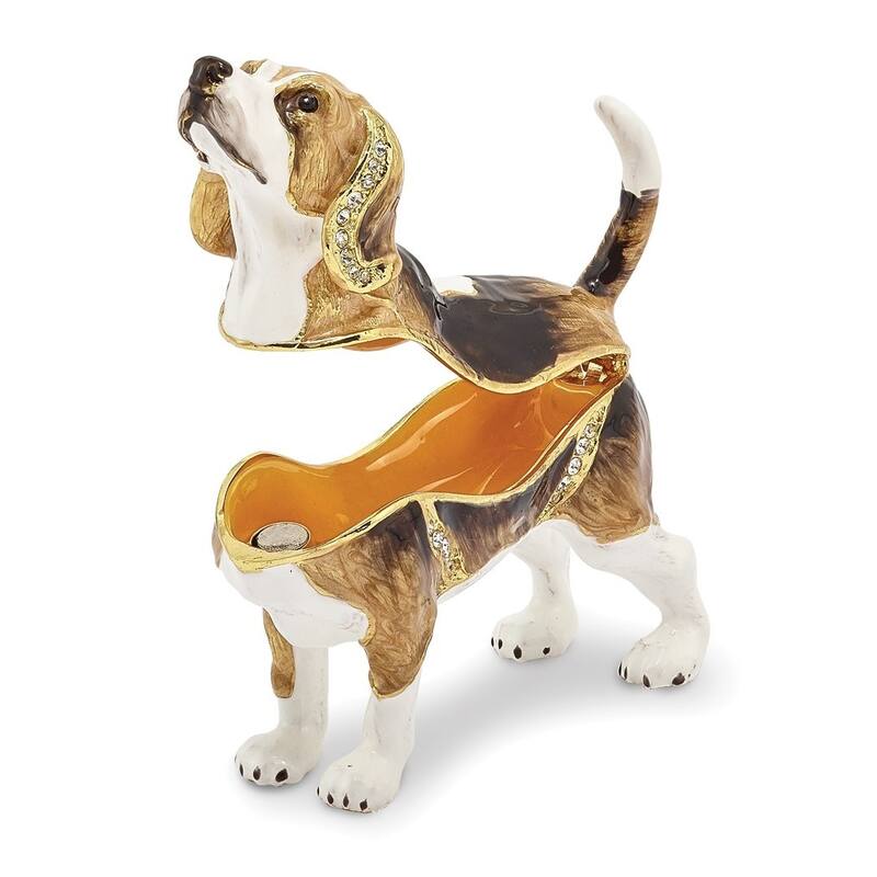 Curata Pewter Bejeweled Crystals Gold-Tone Enameled Beauregard Beagle Trinket Box on 18 Inch Necklace