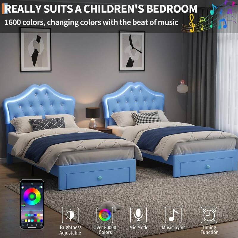 Bed Frame, with LED Lights and Storage Drawer