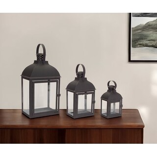 Set of Three Clear and Black Glass and Metal Floor Lantern Candle ...