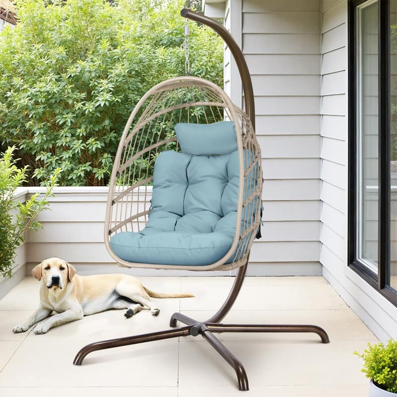 Oversized Wicker Hanging Egg Chair with Stand, Outdoor Indoor Swing Chair with Cushion, 350 lb Capacity