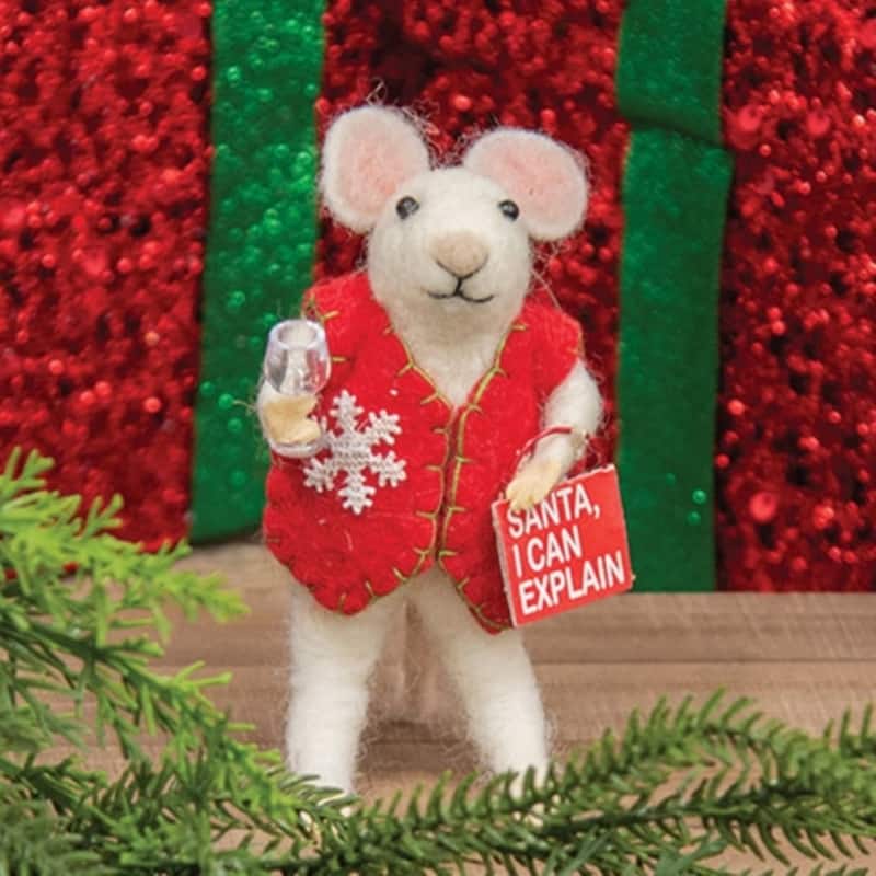 Santa I Can Explain Felted Mouse Ornament for Christmas Tree - 4.5" H x 2.25" W x 1.5" D