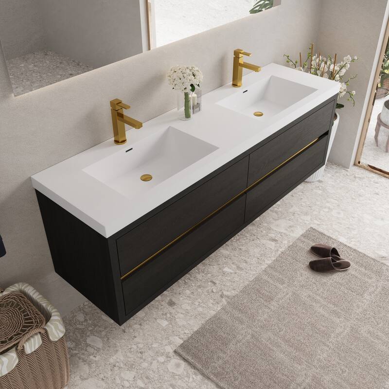GDFStudio - Bennett 72-Inch Floating Bathroom Vanity with Stone Resin Basin and Soft-Close Storage Drawers