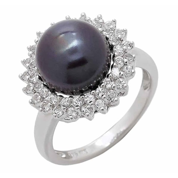 Black Freshwater Halo Pearl Ring with two row of White Topaz in Rhodium Plated, by Pearl Lustre. Opens flyout.