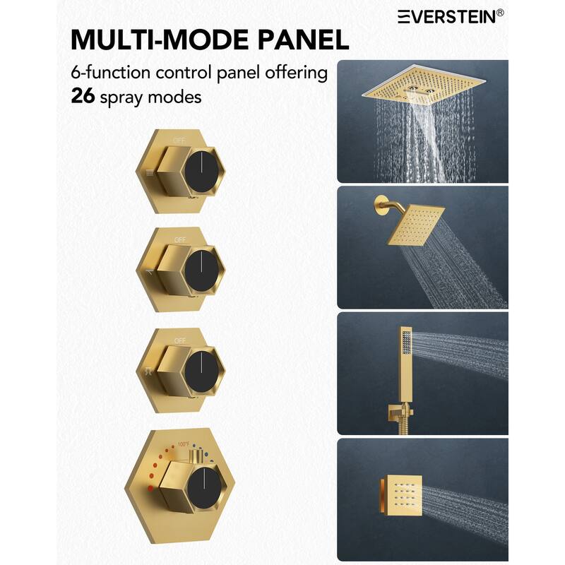 Shower Faucet Set Dual Heads with 3 Spray Modes 16" Ceiling and 6" Wall Mount Body Jets Handheld Spray LED Music