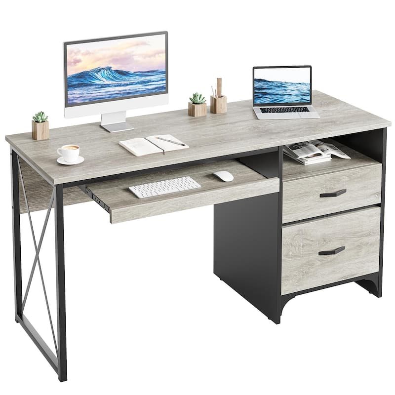55 inch Computer Desk with Keyboard Tray and Storage Drawers