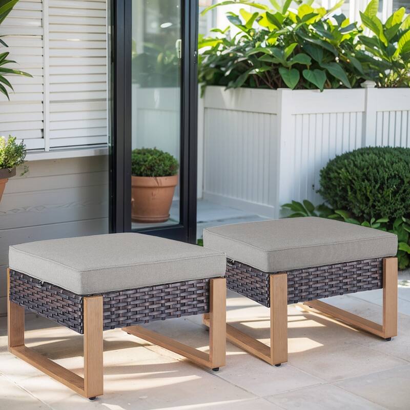 Gymojoy 2 Wicker Ottomans w/Removable Cushions - Brown Wicker - Grey Cusion