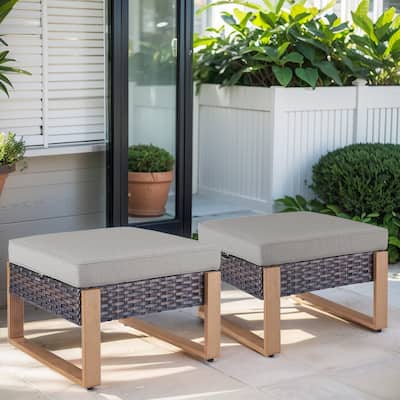 Gymojoy All-Weather Rattan Wicker Ottomans - Brown