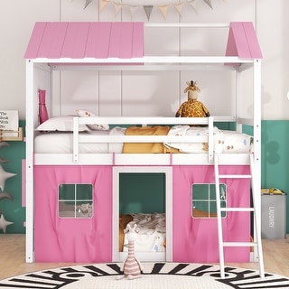 Full Size House Bunk Bed with Elegant Windows, Sills and Tent