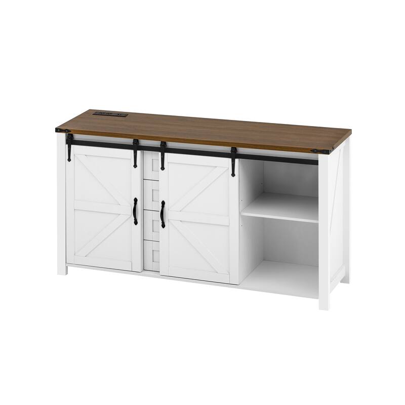 Wood Buffet Sideboard with Charging Station, Farmhouse Coffee Bar Cabinet with Sliding Barn Doors and 4 Drawers