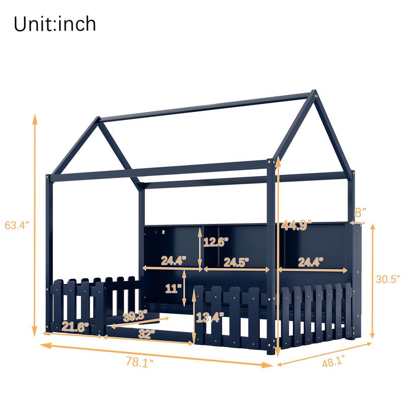 House Bed with LED Light, Wood House Bed with Storage Bookshelf, Floor House Bed with Guardrails