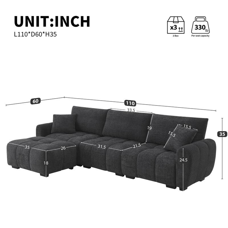 110" Modular Sectional Sofa 4 Seat L Shape Sofa Set with Movable Ottoman and 2 Pillows
