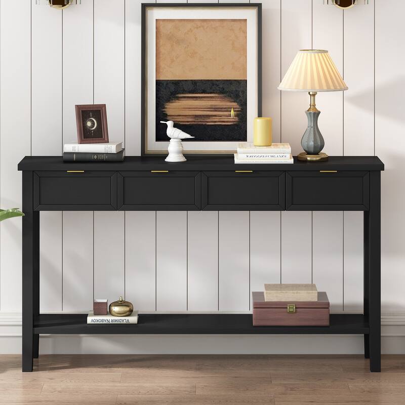 60" Rectangular Entryway Console Table with 4 Drawers & Bottom Shelf for Living Room Hallway Foyer - Black