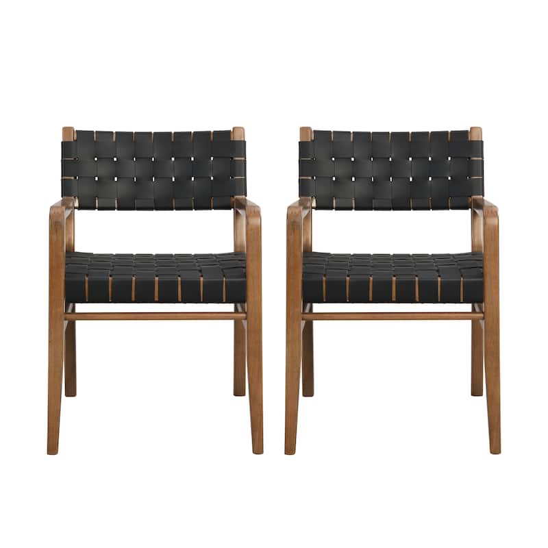 Prosen Morden Woven Leather Rubberwood Dining Chairs With Arms (Set of 2) by Christopher Knight Home