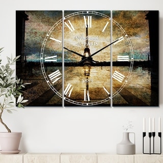 Designart 'Reflection of Paris Eiffel TowerWith Clouds' Cottage 3 Panels Large Wall CLock - 36 in. wide x 28 in. high - 3 panels