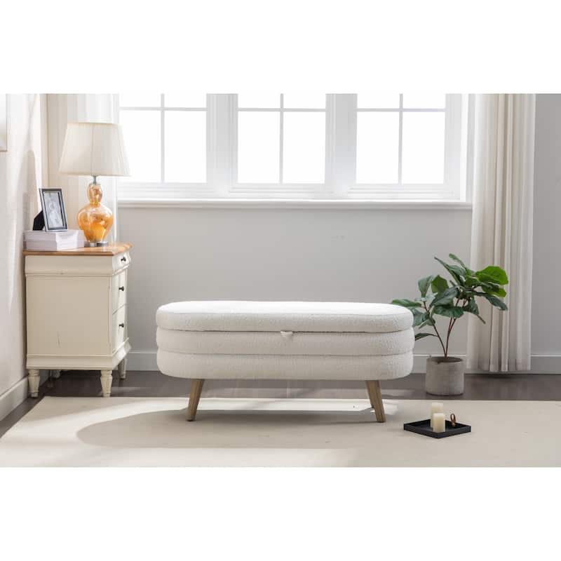 44.8" Storage Bench with 300lb Seating, Boucle Fabric Bed Bench with Wood Legs Safety Hinge